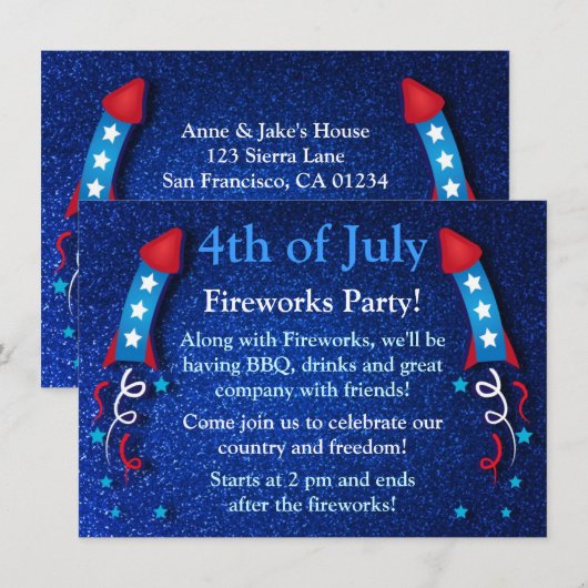 Glittery Fireworks Rocket Julket 4th Uitnodigingen (Voorkant / Achterkant)