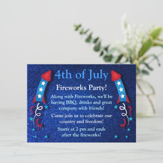 Glittery Fireworks Rocket Julket 4th Uitnodigingen (Staand voorkant)