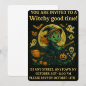 Glittery Flying Witch Halloween Party Kaart (Voorkant / Achterkant)