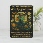 Glittery Flying Witch Halloween Party Kaart (Staand voorkant)