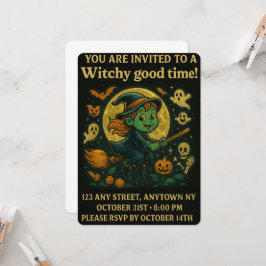 Glittery Flying Witch Halloween Party Kaart