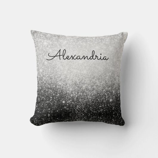 Glittery Glam Zilver en Zwart Gepersonaliseerd Kussen (Voorkant)