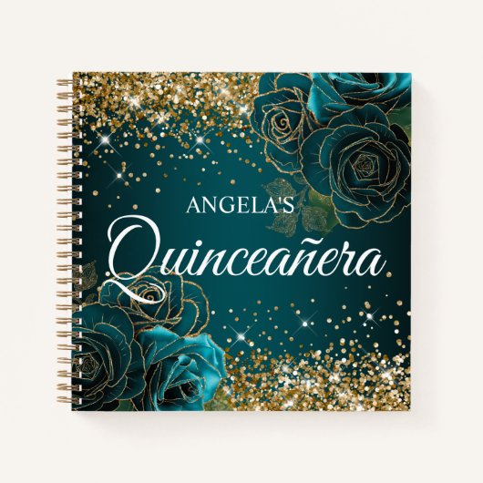 Glittery Gold  Blauwgroen Rozen Quinceanera Guest Notitieboek (Voorkant)