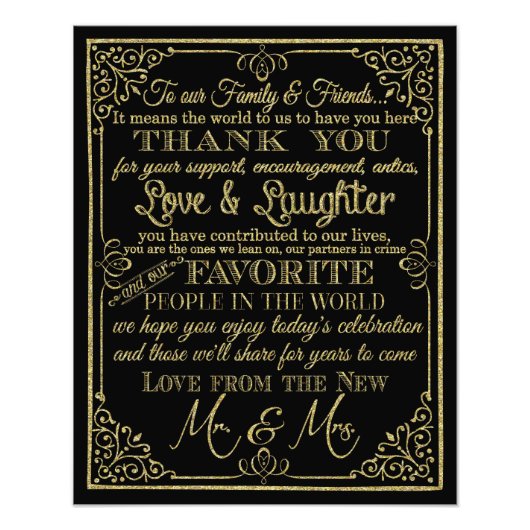 glittery gold en black bedankt voor het trouwbord foto afdruk (Voorkant)