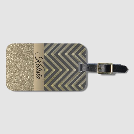 Glittery Gold en Black Chevron gepersonaliseerd Bagagelabel (Voorkant (horizontaal))