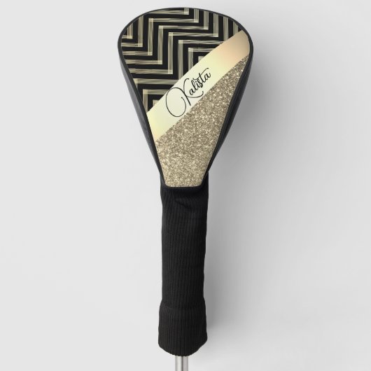 Glittery Gold en Black Chevron gepersonaliseerd Golfheadcover (Voorkant)