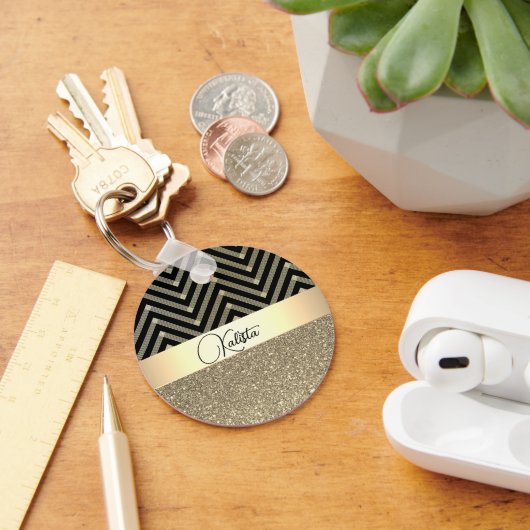 Glittery Gold en Black Chevron gepersonaliseerd Sleutelhanger (Bureau)
