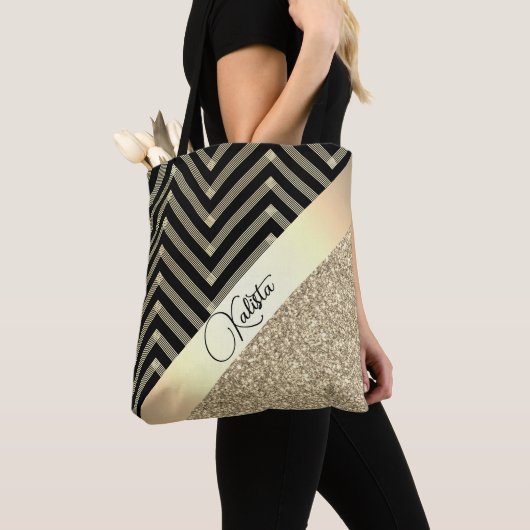 Glittery Gold en Black Chevron gepersonaliseerd Tote Bag (Dichtbij)
