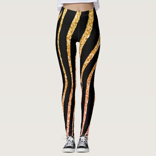 Glittery Gold en Black Zebra Wild Animal Pattern Leggings (Voorkant)