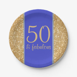 Glittery Gold en Blue 50 en Fabulous 50th Birthday Papieren Bordje