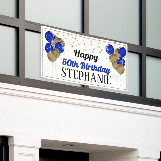 Glittery Gold en Blue Happy Birthday-banner Spandoek (Buitenkant Gebouw)