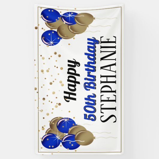 Glittery Gold en Blue Happy Birthday-banner Spandoek (Verticaal)