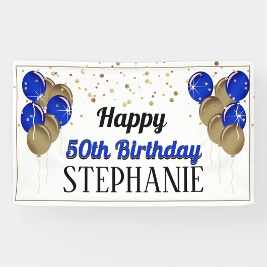 Glittery Gold en Blue Happy Birthday-banner Spandoek (Horizontaal)