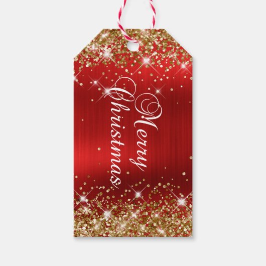 Glittery Gold en Red Folie, prettig kerstfeest Cadeaulabel (Voorkant)