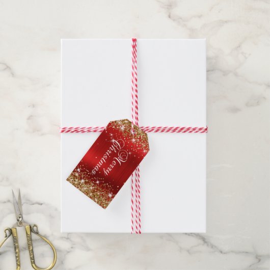 Glittery Gold en Red Folie, prettig kerstfeest Cadeaulabel (Met Touw)