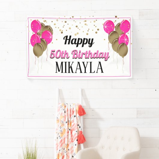 Glittery Gold en roze Happy Birthday-banner Spandoek (Insitu)