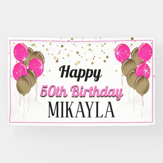 Glittery Gold en roze Happy Birthday-banner Spandoek (Horizontaal)