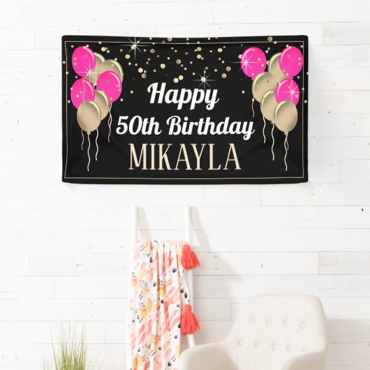 Glittery Gold en roze Happy Birthday-banner Spandoek (Insitu)