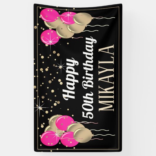 Glittery Gold en roze Happy Birthday-banner Spandoek (Verticaal)