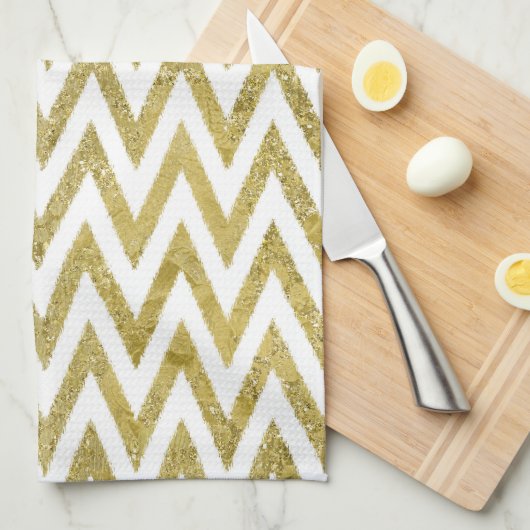 Glittery Gold en White Chevron Stripes Theedoek (Quarter Fold)
