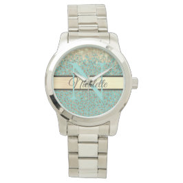 Glittery Gold Feathers Monogram Horloge