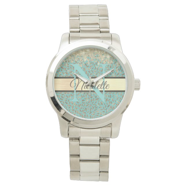 Glittery Gold Feathers Monogram Horloge (Voorkant)