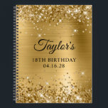 Glittery Gold Foil 18th Birthday Notitieboek<br><div class="desc">Creëer uw eigen 18e verjaardagsontwerp op een leeg notitieboek. Meisjes faux sparkly gold glitter op de boven- en onderrand, over een faux gouden metaal-stijl ombre-folie. Pas de lettertypestijlen aan om je eigen gastenboek te creëer en haar speciale viering. Een klassieke elegante kalligrafie die met een al petten serif doopvont in...</div>
