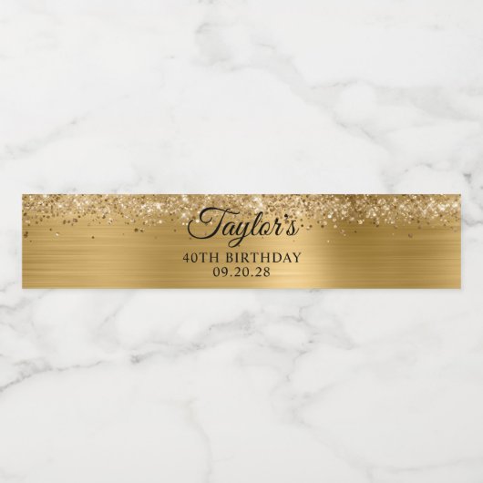 Glittery Gold Foil 40th Birthday Waterfles Etiket (Enkel label)