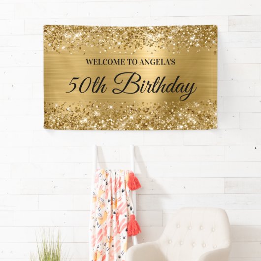 Glittery Gold Foil 50th Birthday Welkom Spandoek (Insitu)