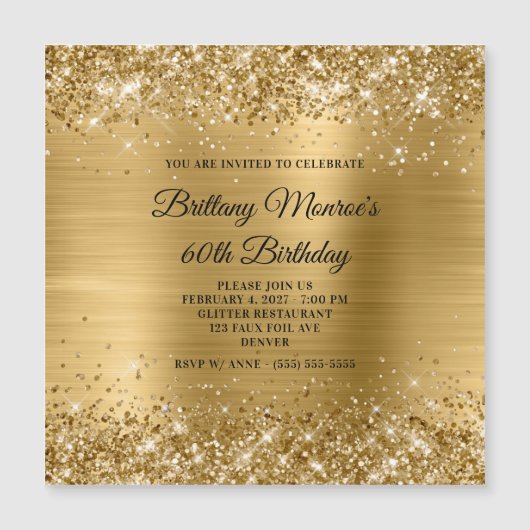 Glittery Gold Foil 60th Birthday Magnetische Uitnodiging (Voorkant)