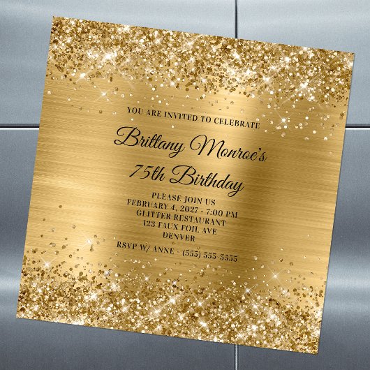Glittery Gold Foil 75th Birthday Magnetische Uitnodiging
