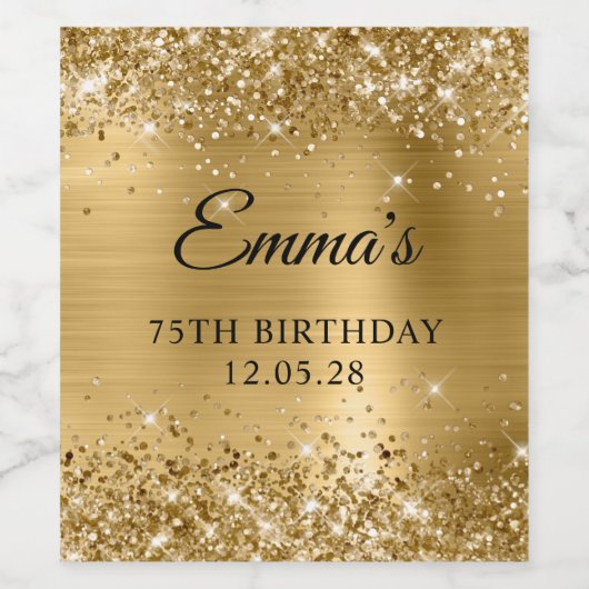 Glittery Gold Foil 75th Birthday Wijn Etiket (Enkel label)