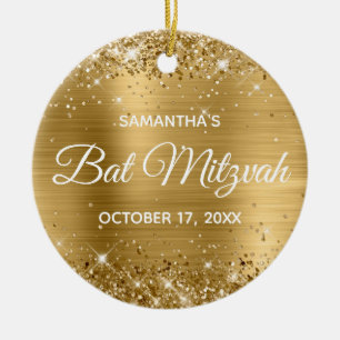 Glittery Gold Foil Bat Mitzvah Keramisch Ornament