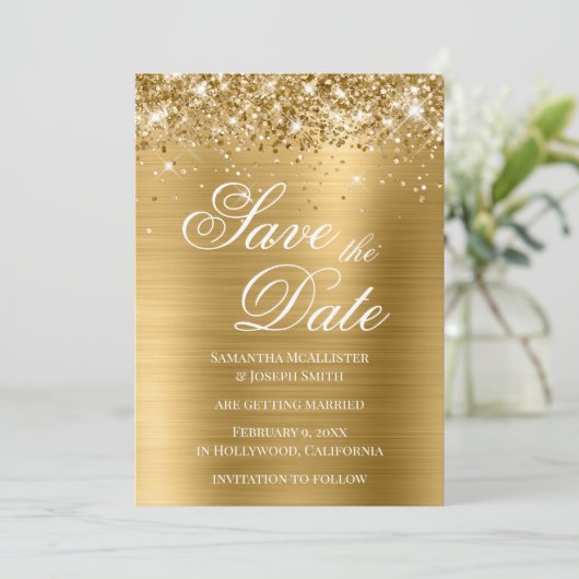 Glittery Gold Foil Bespaar op datum Kaart (Staand voorkant)