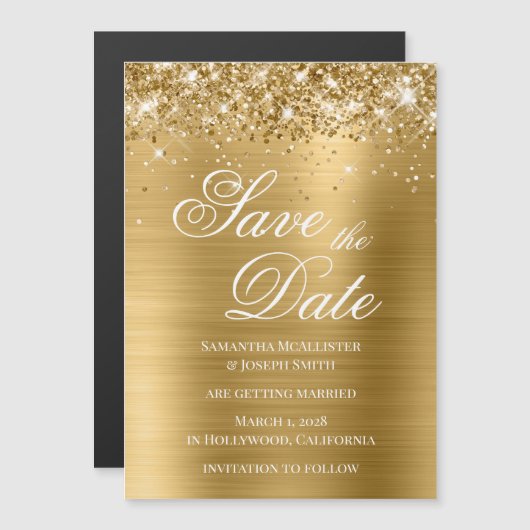 Glittery Gold Foil Bespaar op datum Magnetische Uitnodiging (Voorkant / Achterkant)