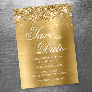 Glittery Gold Foil Bespaar op datum Magnetische Uitnodiging