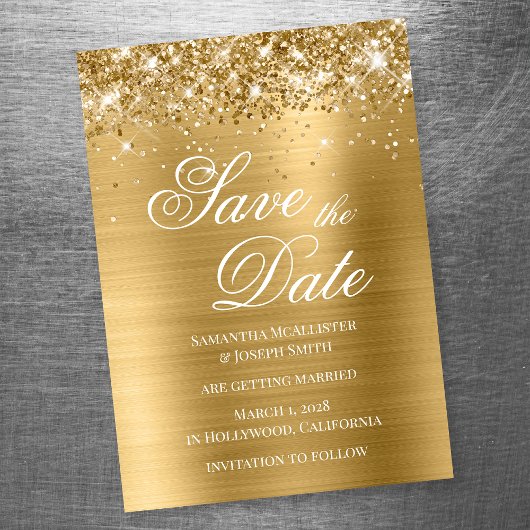 Glittery Gold Foil Bespaar op datum Magnetische Uitnodiging