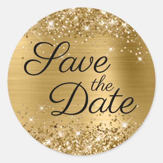 Glittery Gold Foil Black Elegant Save the Date Ronde Sticker (Voorkant)