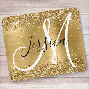 Glittery Gold Foil Black en White Monogram Muismat
