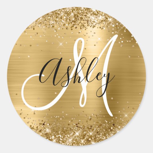 Glittery Gold Foil Black en White Monogram Ronde Sticker (Voorkant)