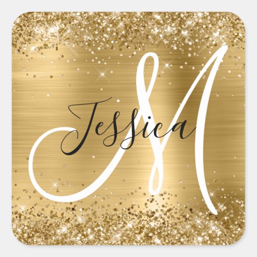Glittery Gold Foil Black en White Monogram Vierkante Sticker (Voorkant)