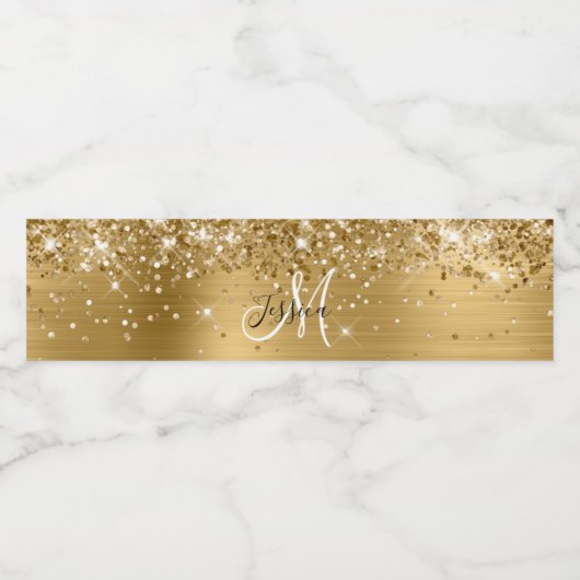 Glittery Gold Foil Black en White Monogram Waterfles Etiket (Enkel label)
