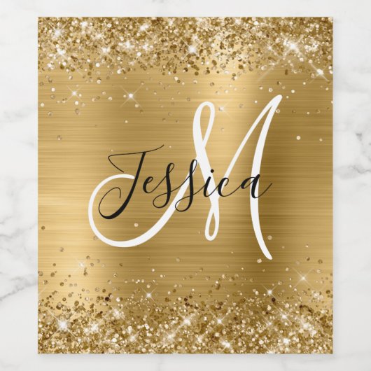 Glittery Gold Foil Black en White Monogram Wijn Etiket (Enkel label)