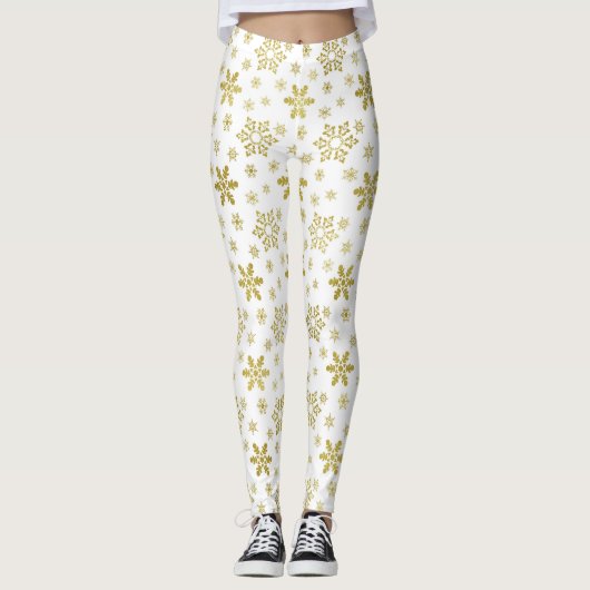 Glittery Gold Foil Christmas Snowflake Patroon Leggings (Voorkant)