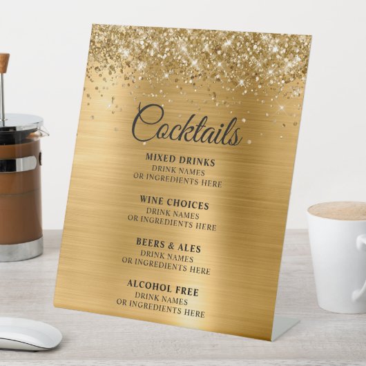 Glittery Gold Foil Cocktails Bar Menu Reclamebord Met Voetstuk (Insitu)