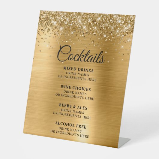 Glittery Gold Foil Cocktails Bar Menu Reclamebord Met Voetstuk (Voorkant)