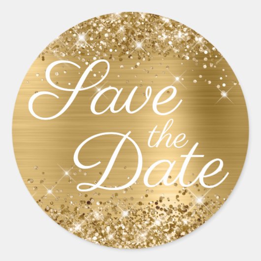 Glittery Gold Foil Elegant Save the Date Ronde Sticker (Voorkant)