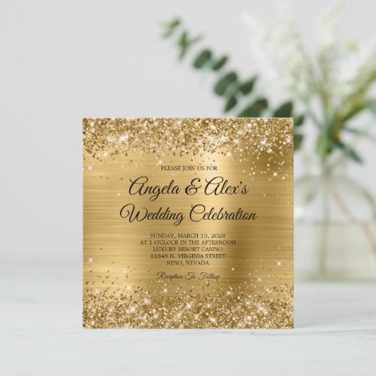 Glittery Gold Foil Elegant Wedding Kaart (Staand voorkant)