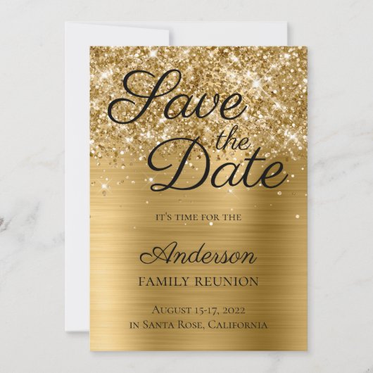 Glittery Gold Foil Family Reunion Save The Date (Voorkant)
