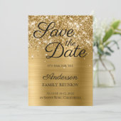 Glittery Gold Foil Family Reunion Save The Date (Staand voorkant)